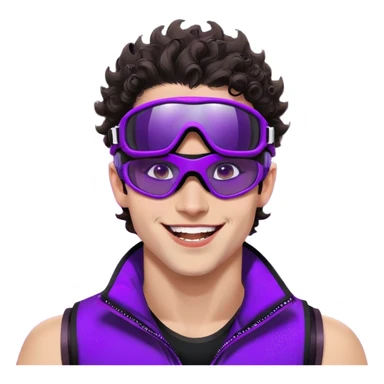 close-up of cool guy male athlete with white skin and moderately curly dark brown hair on top with shaved sides, wearing ski goggles with purple frames and very dark black lenses, winking behind the goggles, with an open mouth confident smile like a cool guy, a simple plain black chain necklace, and a completely unzipped sleeveless vest with purple and black sequin fire pattern design with no logo sticker