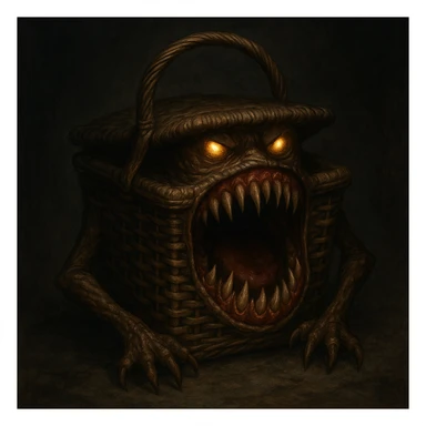 a realistic picnic basket mimic with the lid transformed into a gaping mouth full of jagged teeth, glowing eyes on the handle, and claws gripping the sides, fantasy horror style sticker