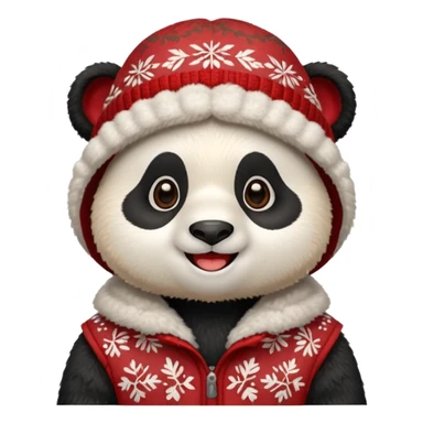 Photorealistic close-up of a cute, smiling panda wearing a red patterned winter trapper hat. Happy expression, cheerful vibe. Simple studio background. Detailed textures, sharp focus sticker