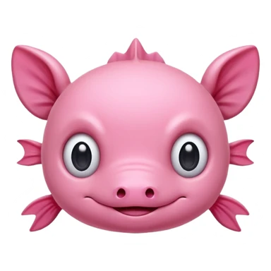 Cartoon pink axolotl face emoji, front view, flat wide head, external gills on both sides, big round eyes, small mouth, no snout, vector style, flat colors, transparent background. sticker