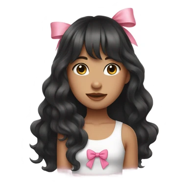 plae girl with long black wavy hair and front Korean bangs white tank top and pink bow on her hair sticker