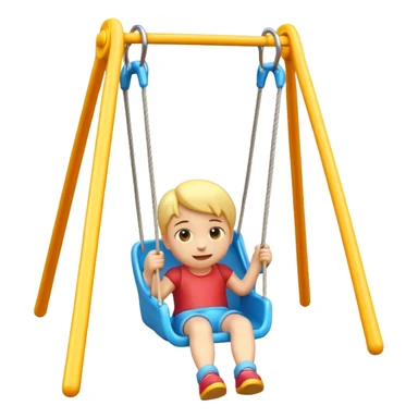 iOS-style 3D emoji: a colorful plastic child swing with a safety bar in front, hanging from two ropes, glossy surface and soft shadows sticker