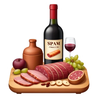 SPAM MEAT charcuterie with fruit and a bottle of wine sticker