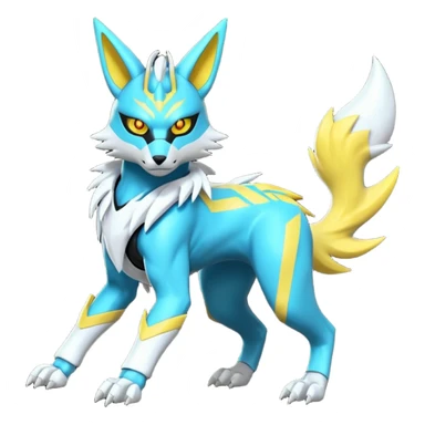 Shiny cyan yellow white electric complex futuristic white-cyber-masked Zeraora-Renamon-Electrike-Umbreon-Lombax-Weregarurumon-fusion-creature (full body sticker