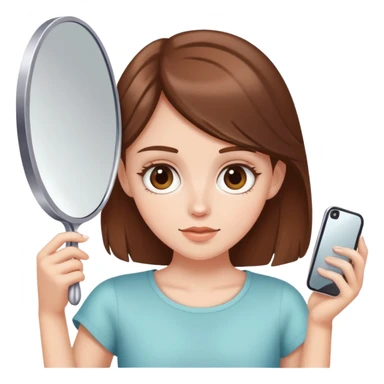 White girl with brown hair looking in a handheld mirror sticker
