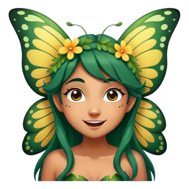 Cinematic Realistic Forest Fairy Portrait, head tilted dramatically with an exaggeratedly amused expression, featuring a striking, nature-infused form with glowing, sun-kissed tanned skin and vividly detailed dark green hair adorned with floral accents. Her expressive eyes brim with playful forest mischief, rendered with vibrant, lifelike textures and dynamic dappled lighting that conveys a spirited, over‐the‐top woodland whimsy showing her large butterfly wings from her back. sticker