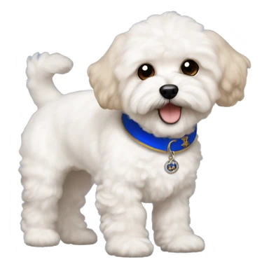 white maltipoo dog with light brown ears and a little brown fur on the mouth, black nose and black eyes, and a royal blue collar sticker