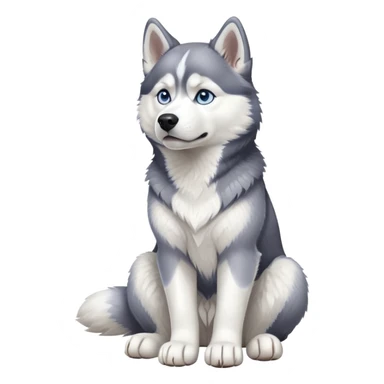 cinematic-[siberian husky]-realistic-full-body-sitting-emoji,-tail-resting-loosely-beside-its-paws,blue eyes-head-tilted-dramatically, -fluffy-[grey and white]-fur,-simplified-yet-realistic-focused-features,-highly-detailed,-glowing-with-an-almost-sarcastic-glow sticker