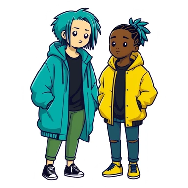 White girl with short teal hair wearing a black tee shirt with a black guy with black dreads wearing a dark blue tee shirt with puffy yellow coat sticker