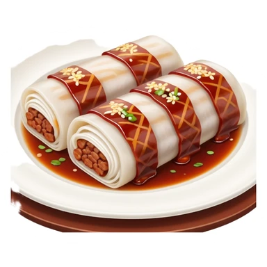 BBQ pork rice noodle roll Char Siu Cheung Fun with reddish meat filling, simplified emoji style with bold outlines and bright colors, cartoon style Guangdong breakfast favorite sticker