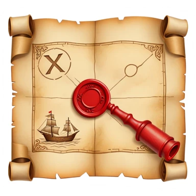 A rolled up treasure map with red wax seal, partially unfolded showing an X sticker