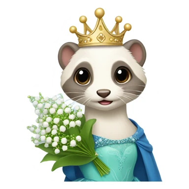 Ferret with a crown and a ball gown holding Lilly of the valley flowers sticker