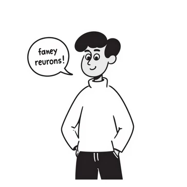 guy wearing a white jumper, speech bubble saying 'too few neurons' sticker