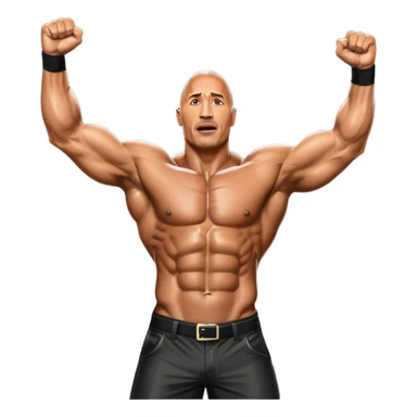 Dwayne 'The Rock' Johnson, covered in oil, striking a powerful pose on stage at the Mr. Universe bodybuilding championship. His muscles are clearly defined, exuding strength and charisma. The backdrop features a professional stage with judges and a cheering audience. Transparent background. sticker