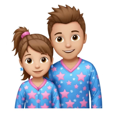 4 year old brown spikey haired boy with blue pajamas with stars on them and a 1 year old brown haired pony tail girl with pink pajamas, and stars on them with light skin. Top left on, can you make them smile more with lighter skin sticker