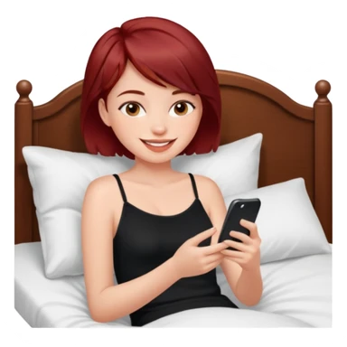 generate a pretty fair bratz girl with short dark red hair using her phone in bed, smiling . Wearing a black cami sticker