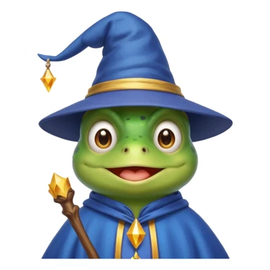 create a peepo the frog emoji that is a wizard like this one called zabuzard but kabukard instead give it a wizard hat and a blue shirt like always give it a good smile sticker