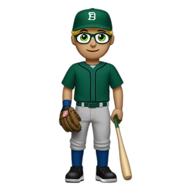 Blonde male short hair with glasses Dark green baseball uniform with hat Blue eyes a cobra snake logo with "C". waist up with a bat in one hand and a macbook sticker