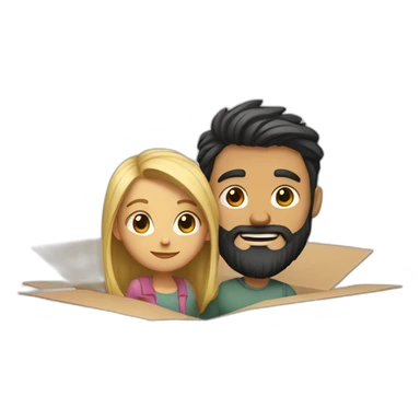 Dark hair girl and blond bearded guy in moving box sticker