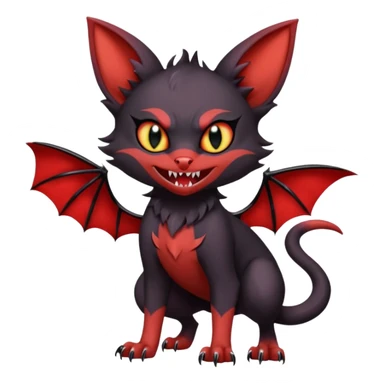 Vampiric Batty Black and Sanguine-red Noibat-Litten-Torracat-Lykoi-hybrid-fusion (full body) with big fangs, and bat-ears for ears sticker
