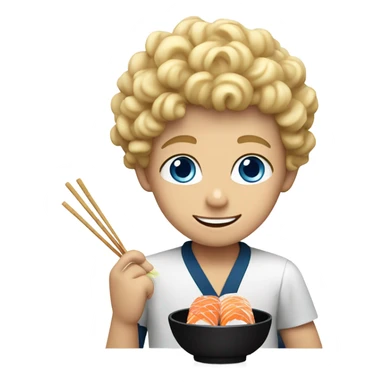 blond boy with curly hair and blue eyes eating sushi sticker