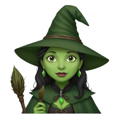 elphaba the wicked witch from wicked movie (cynthia erivo) dark long textured hair, thick lips, green skins, witch hat, witch broom sticker