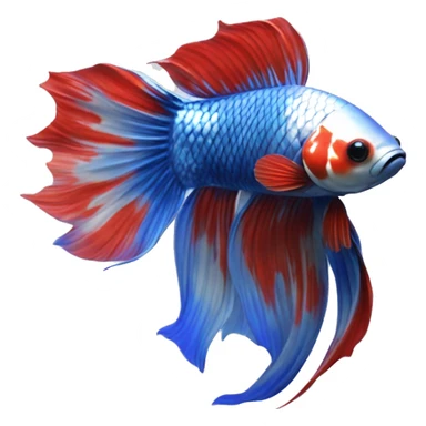 “A Koi Betta with a marbled pattern of red, white, and metallic blue. Its long, flowing fins mirror the vibrant body, with a shimmering blue iridescence sticker