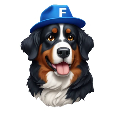 Bernese mountain dog wearing a blue and orange hat that has the letter "F" on it sticker