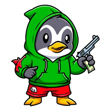 A cute half-dolphin half-penguin thug character with a gun, wearing a blood-splattered green hoodie and Dollar General shorts sticker
