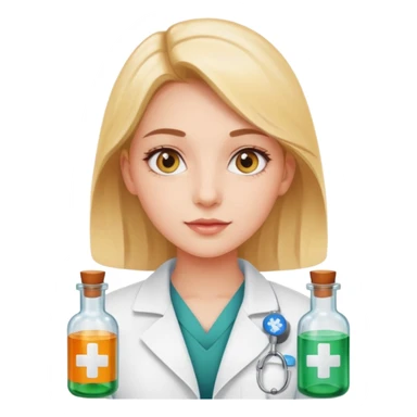 girl with pharmacy badge surrounded by medicine bottles radiant sunny eyes sticker