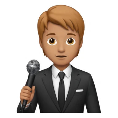 Man in suit with microphone with tan hair sticker