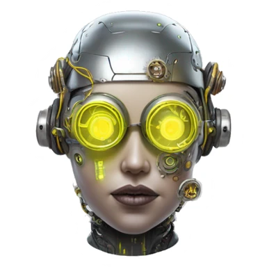 Fat faced Caucasian female cyborg head with Neon yellow bobbed hair, silver steampunk goggles and circuits sticker