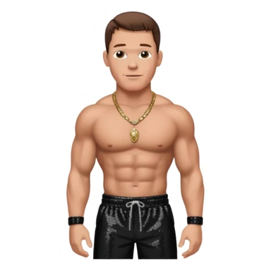 John Cena with black sequin baggy pants, shirtless with necklace, brown hair sticker