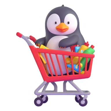 cute baby penguin pushing a shopping cart sticker