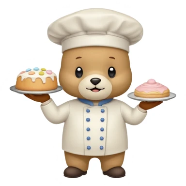 quiero un oso de pie con un delantal de pasteleria y un jorrito de chef que una mano tenga una manga oastlera sticker