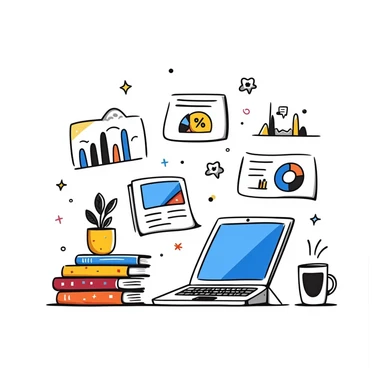 Academic research illustration showing a desktop with laptop, stacked reference books, coffee mug, and analytical charts and graphs. Hand-drawn colorful doodle with blue screen, vibrant book covers, and colorful data visualizations. sticker