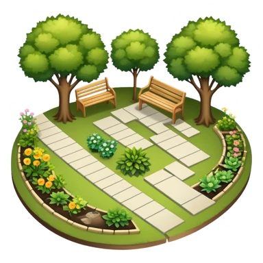 Icon for Landscape Design: a garden layout with trees, plants, pathways, and outdoor furniture, along with design tools like a ruler, pencil and sketchpad. The icon should represent the creativity and planning behind landscape design. Transparent background. sticker