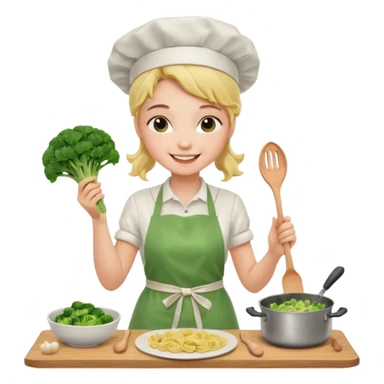 Girl cooking pasta for the first time with broccoli sticker