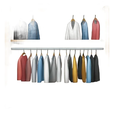 Design an emoji-style icon of an open wardrobe with clothes hanging inside. Include details like a wooden frame, hangers, and only black or white different clothing items such as shirts or any other clothing . Use a clean and minimalistic design. sticker