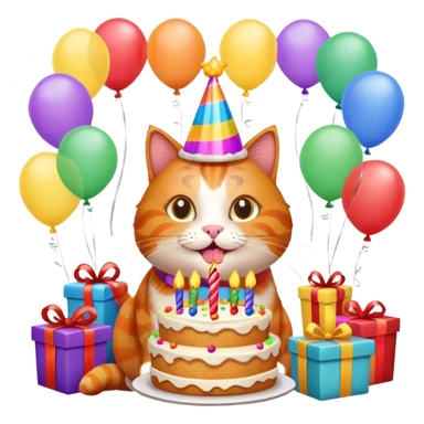Ginger cat celebrates birthday, birthday hat, birthday cake, balloons, happy, gifts sticker