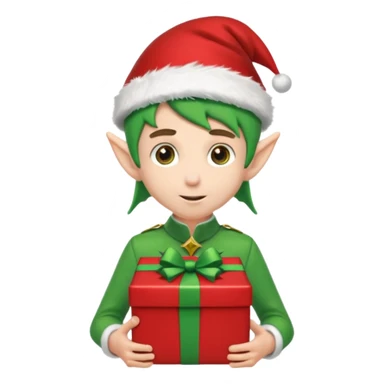 elf wearing a santa hat holidng a xmas present make his unfiorm green adn red sticker
