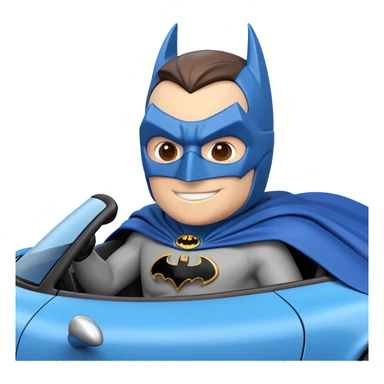 Create a 3D emoji-style image of Batman sitting in a blue Porsche. Batman should be slightly larger than the Porsche, wearing his iconic mask and cape, and smiling. no background sticker