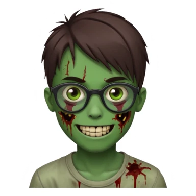 Zombie emo boy, green skin and brown hair and brown eyes, black glasses and a scary smile with a cut on the side, scars and blood under eyes sticker