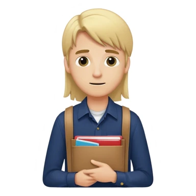 Guy with long straight blonde hair behind head and navy button up holding a school packet sticker