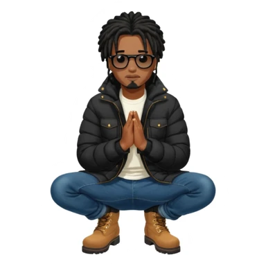 African American man brown skin complexion with black dreadlocks shoulder length wearing black bubble winter coat wearing black sunglasses with denim skinny jeans and timberland boots kneeling on one knee in prayer sticker