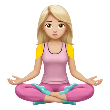 Create a young woman with long blonde hair, golden eyes, and medium-light skin tone, wearing a light pink tank top and leggings. She should be sitting cross-legged in a calm pose, but with a subtle doubting or skeptical facial expression—slightly raised eyebrow, small frown, or pursed lips.  sticker