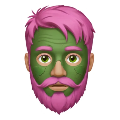 pink haired man with full full face dirty messy green clay mask and beard sticker