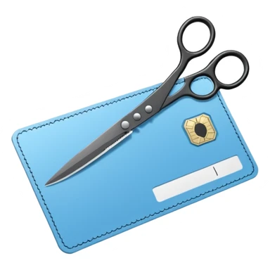 Floating black Scissors cutting a light blue military ID card in 2 parts .hyper realistic sticker