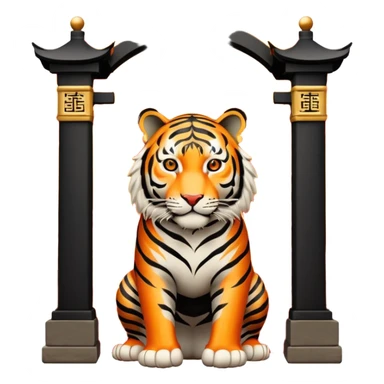 Traditional Chinese ink painting style emoji. A powerful tiger (like the ancient character 虎), standing guard in front of mystical gates (門). Energy swirls around him like a vortex (🌀). Minimalist, transparent background, 512x512 pixels. sticker