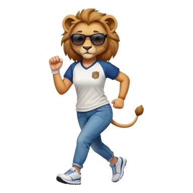 confident female lion jogging upright wearing baseball shirt, jeans, trainers, dark sunglasses, friendly expression sticker